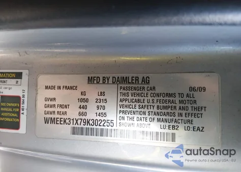 2009 Smart Fortwo Brabus/Passion from USA, damaged, VIN WMEEK31X79K302255